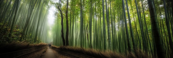 A serene green bamboo forest illuminated by warm sunlight.