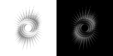 Dynamic abstract spiral sound wave rhythm lines. Circular spiral sound wave rhythm of lines. Circular futuristic abstract lines, black and white background.
