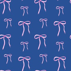 Seamless pattern with pink watercolor bows and ribbons on a classic royal blue background.