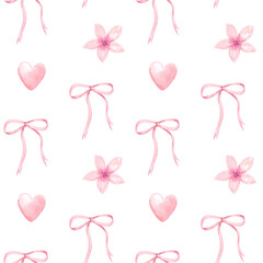 Seamless pattern with hand painted pink bows, hearts, and cherry blossom flowers in a soft watercolor style. Ideal for nursery design, stationery, scrapbooking, and digital background.