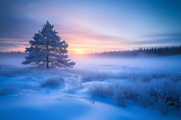 The beauty of a snow-covered winter scene at dusk.