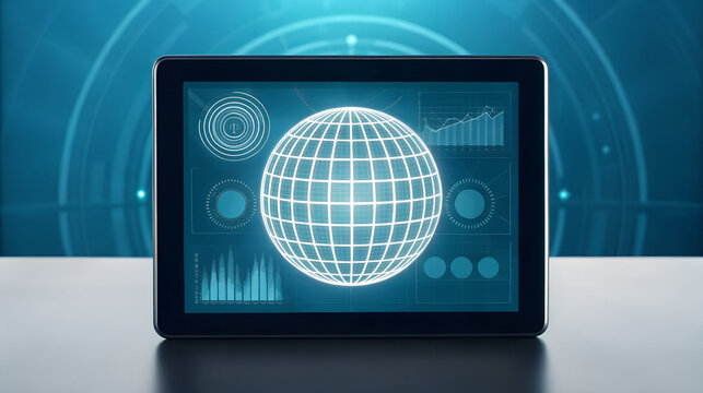 Modern tablet displaying glowing global network and financial data charts
