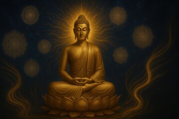 Serene Buddha Statue Surrounded by Ethereal Mandalas and a Golden Glow in a Tranquil Spiritual Setting