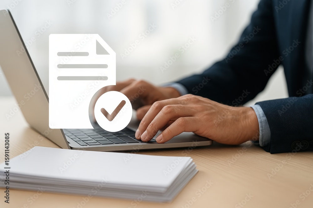 Poster business professional working on laptop with document icon, showcasing digital documentation, verifi