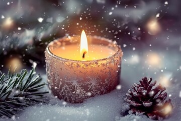 In winter's chill, a small candle emits a soothing light.