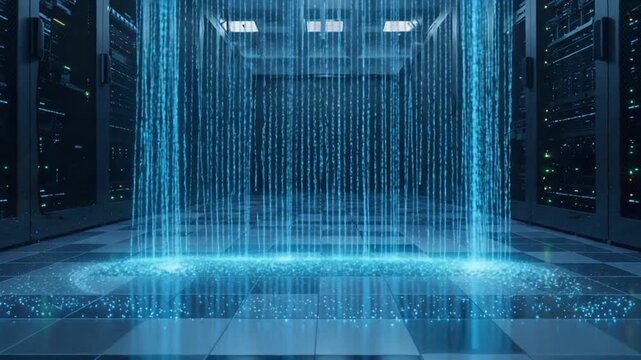 Futuristic data center with digital rain effect - Powered by Adobe