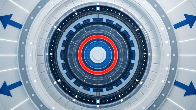 Futuristic circular interface with glowing lights and blue arrows pointing outward