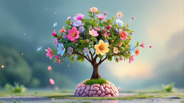 Artistic depiction of a human brain growing a flourishing flower tree