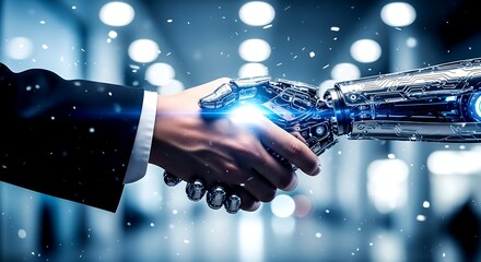 Human hand and robotic arm shaking hands with blue light and digital particles handshake technology