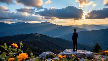 a moment of solitude at a high vantage point overlooking a valley with mountains in the distance. the person stands contemplatively, framed by the expanse of nature surrounding them