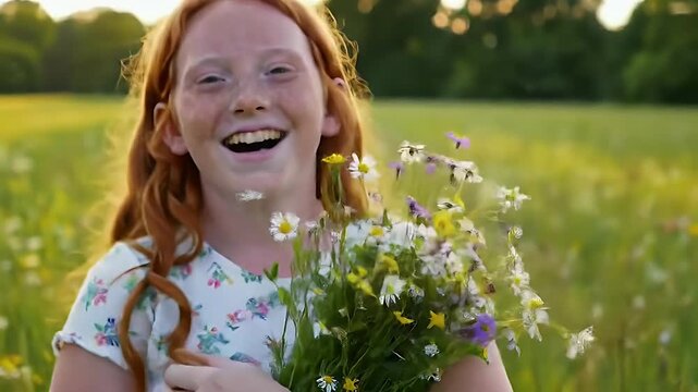 Joyful girl in wildflower field