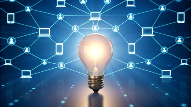 Glowing light bulb at the center of a digital network connecting people and devices - Powered by Adobe