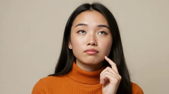 A thoughtful young asian woman with freckles touches her chin as she looks upwards in contemplation