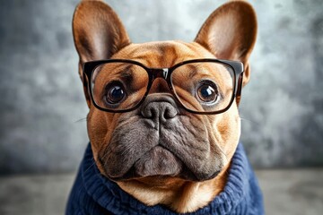 A playful French Bulldog looks fashionable in its glasses.