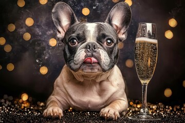 A cute French Bulldog celebrating the arrival of the New Year with a glass of champagne.
