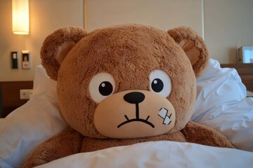 A teddy bear comforting in bed during illness.