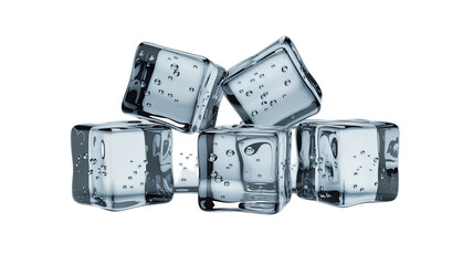 Group of Transparent Ice Cubes with Water Splash Isolated