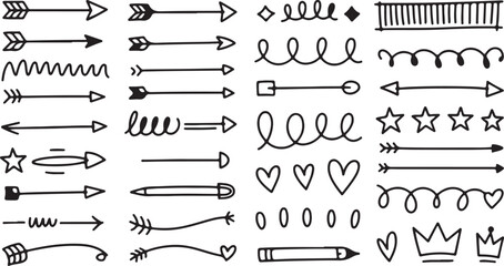 “Doodle Style Arrow, Heart, Star, and Crown Icon Set – Hand Drawn Vector Sketch Elements for Scrapbooking, Journaling, and Creative Design – Isolated on Clean White Background”