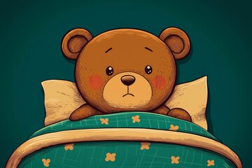 A teddy bear showing signs of illness while resting in bed.