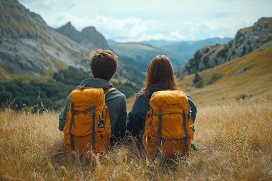 Rear view of a young couple hiking in nature, taking a rest while enjoying the serene surroundings, promoting active and healthy lifestyles, Generative AI