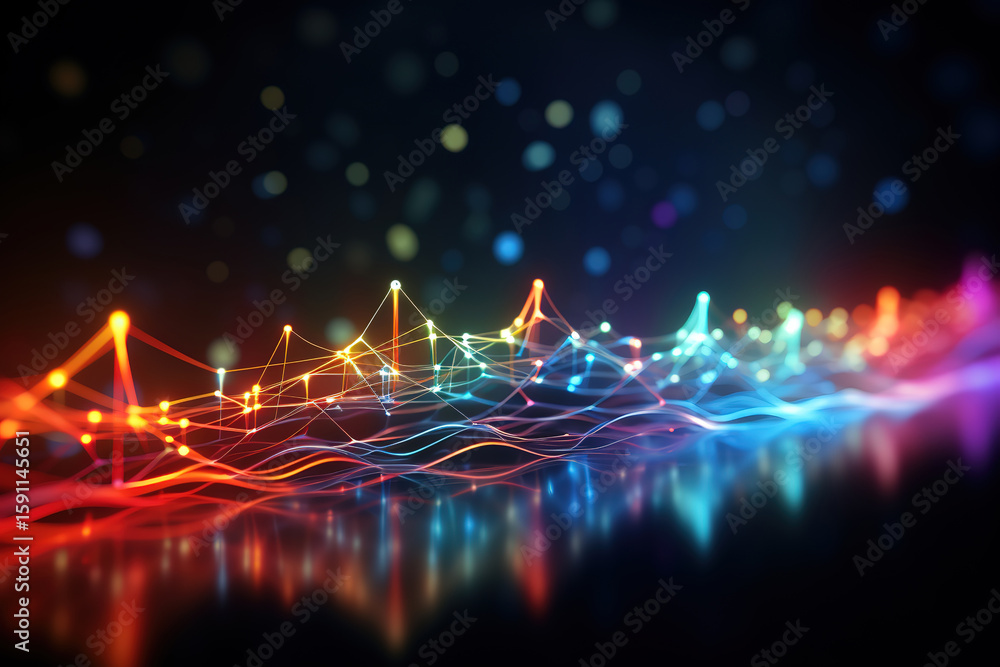 Poster big data visualization of music sound waves and molecular dna structure