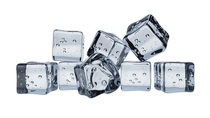 Group of Transparent Ice Cubes with Water Splash Isolated
