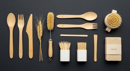Assortment of Eco-Friendly Bamboo Kitchen and Personal Care Items on a Dark Background, Promoting Zero Waste Lifestyle.