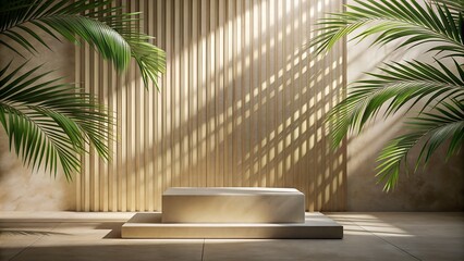 Fototapeta premium Minimalist Podium with Palm Leaves and Sunlight for Product Display