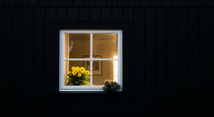Warm Glow from a Window with Yellow Flowers Against a Dark Exterior Wall at Dusk.