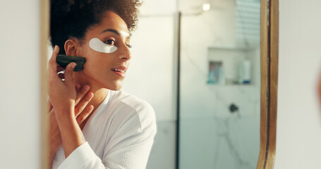 Woman, gua sha and skincare with eye patch for circulation, anti aging or facial healing in home....