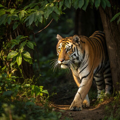 Obraz premium bengal tiger emerging from dense jungle foliage