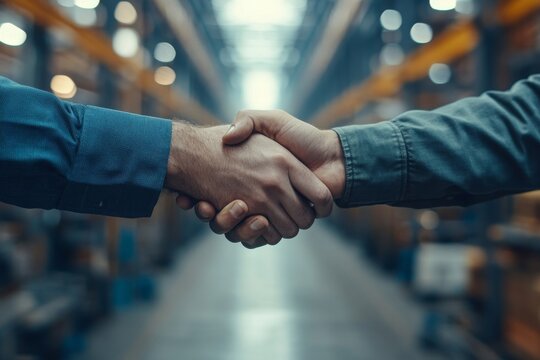Engineer shaking hands with the project manager in a modern industrial factory, discussing a new production project focused on teamwork and innovation, Generative AI - Powered by Adobe