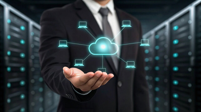 Businessman holding a glowing cloud network connecting multiple laptops in a server room