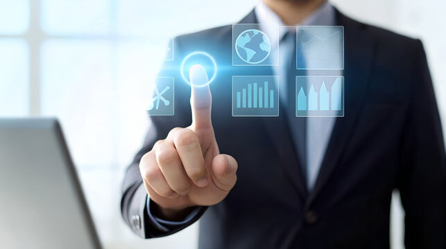 Businessman s finger touching a futuristic holographic interface with global and data charts