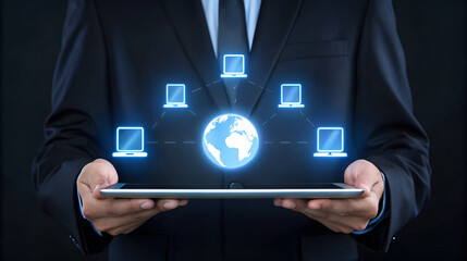 Businessman holding tablet displaying global network of connected computers and devices