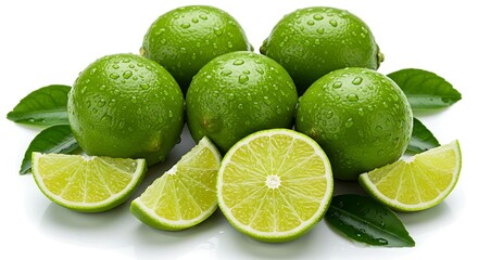 Fresh Green Limes with Water Droplets and Leaves on White Background