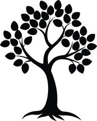 Black Silhouette Tree with Leaves on White Background, silhouette designs of fruit trees, minimalist style, leaves and roots silhouette vector illustration,tree with leaves vector icon,abstract tree,A