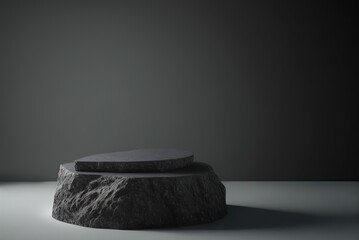 Black stone pedestal in stage for product display presentation. Minimalistic natural showcase
