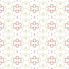 Floral Geometric Repeat Golden and Coral Flowers on White background motif pattern. Seamless floral pattern clover flowers and butterfly motifs with soft olive green and coral red lines.