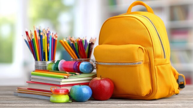 Colorful school backpacks with supplies on wooden desk in classroom setting. Top Back-to-School Bargains, back to school