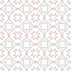 Geometric Floral Repeating Motif for Surface Decoration motif background. Seamless pattern coral red starbursts soft petal shaped outlines vintage tiles.