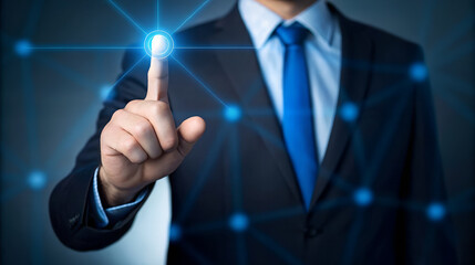 Businessman s finger touching a glowing digital network interface with blue connections
