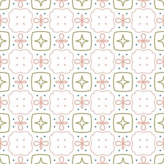 Geometric Floral Tile. Seamless pastel pattern rounded floral shapes olive green stars pink petal loops geometric tiles ceramic motif. 