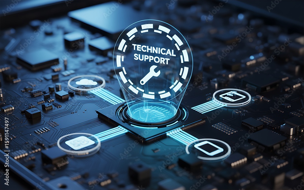 Poster futuristic circuit board with glowing technical support hologram and digital icons technology comput