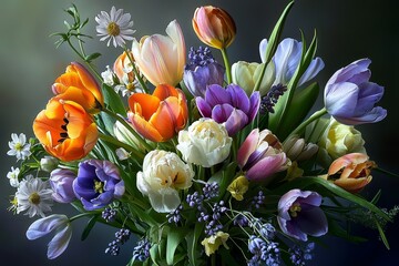 A vibrant bouquet featuring a variety of spring flowers.