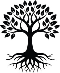 Obraz premium Black Silhouette Tree with Leaves on White Background, silhouette designs of fruit trees, minimalist style, leaves and roots silhouette vector illustration,tree with leaves vector icon,abstract tree,A