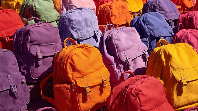 Colorful backpacks arranged in rows under sunlight on a market display table. Top Back-to-School Bargains, back to school - Powered by Adobe