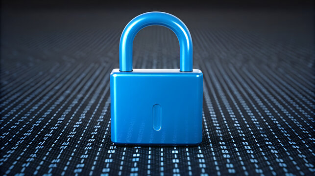 Bright blue padlock secured on a dark textured surface with digital data patterns