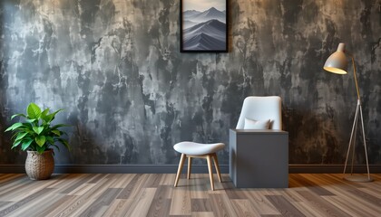 a modern living room space with a cohesive design theme. dominating one side of the room is an intricate, textured wall that adds depth to the space