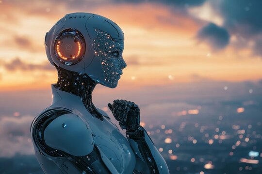 Artificial intelligence robot contemplating the world, looking at a futuristic city, symbolizing the ongoing advancements in technology and AI's potential impact on society, Generative AI